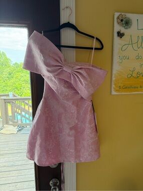 Off the shoulder pink bow formal dress